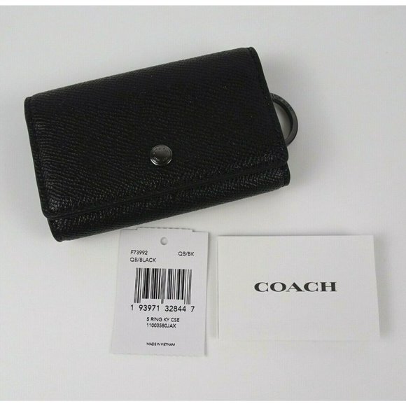 New Coach Five 5 Ring Key Case Holder Crossgrain Leather Black  Gunmetal - Picture 2 of 12
